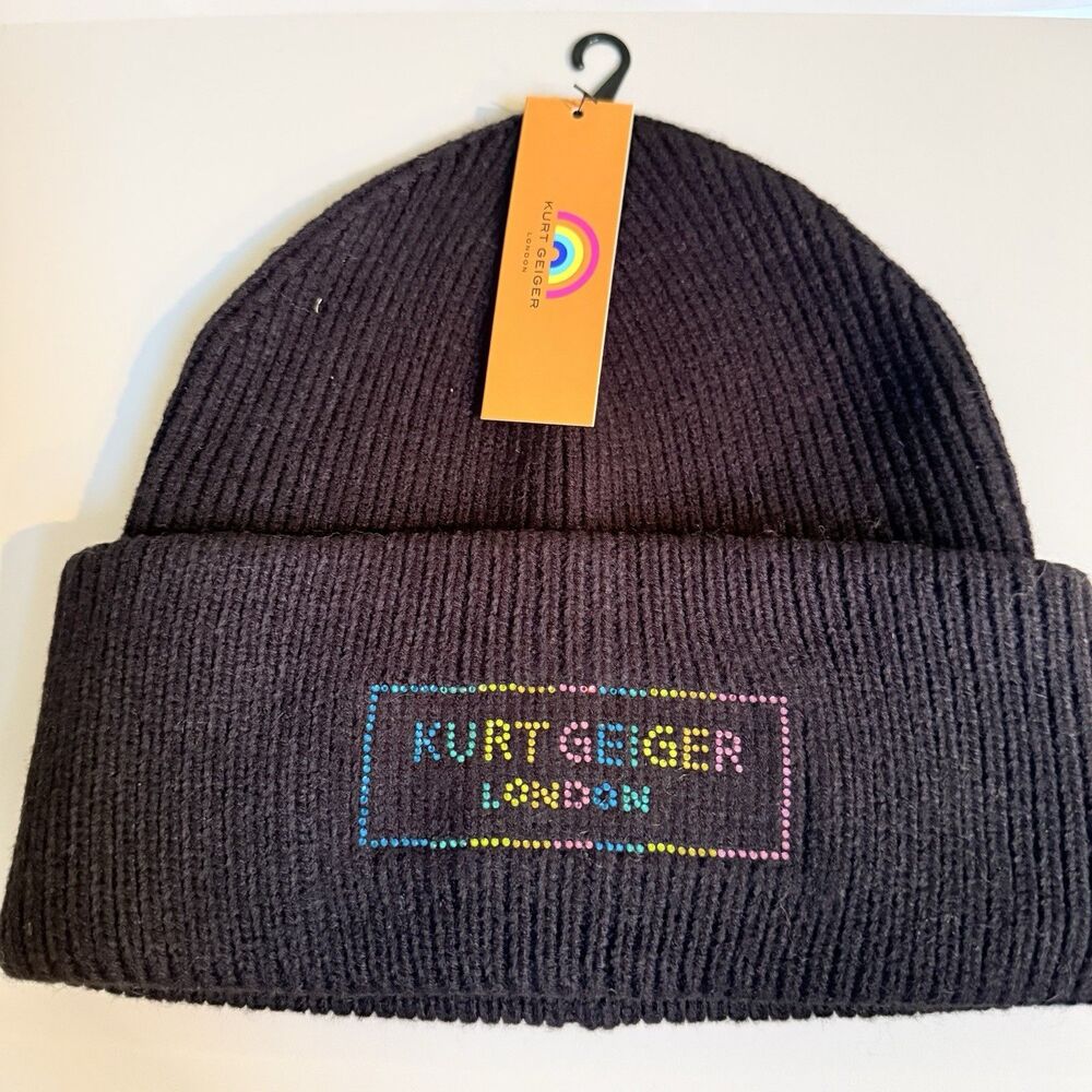 Kurt Geiger London Black Beanie Multicolor Logo Cuffed Knit Hat 100% Acrylic NWT